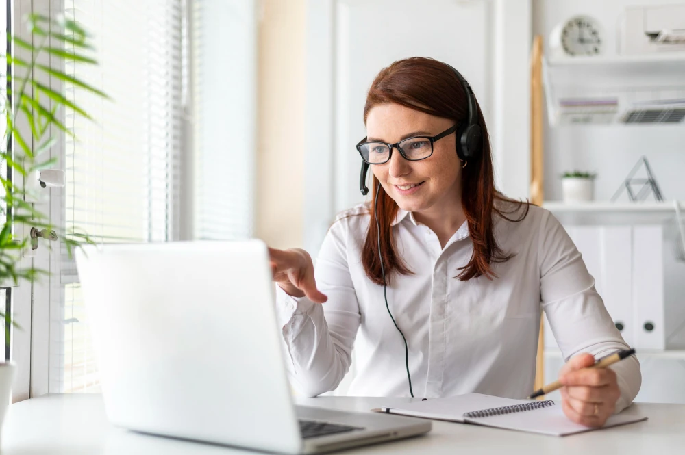 Remote accountant analyzing financial balance sheets and tax files